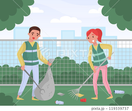 Man and Woman Clean Nature Collect Garbage Care of Environment Vector Illustration 119339737