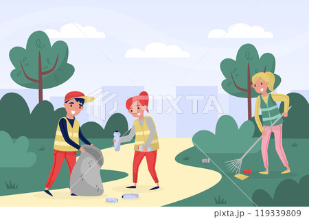 Woman with Kid Clean Nature Collect Garbage Care of Environment Vector Illustration 119339809