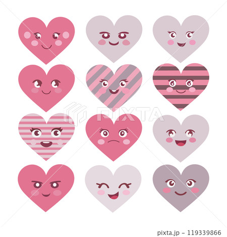 Vector Heart Emoticons. A set of 12 hearts with faces depicting different emotions joy, sadness, embarrassment and others. 119339866
