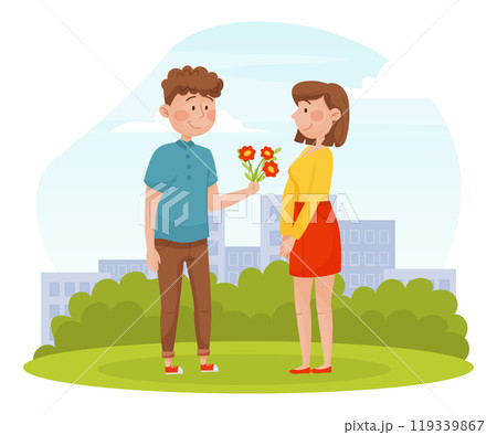 Man Date with Woman Give Her Flower Bouquet Vector Illustration 119339867
