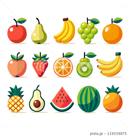 Cartoon fruits in bright and flat style. A cheerful illustration with a set of fruits, made in cartoon style Cartoon fruits in bright and flat style. A cheerful illustration with a set of fruits, made in cartoon style 119339875