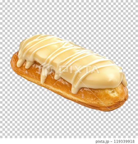 Delicious eclair with creamy filling and icing on top, isolated on a white background. 119339918