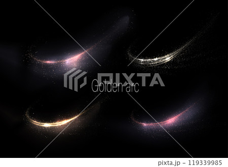 Set of isolated golden glitter arches with small tinsel on black background 119339985