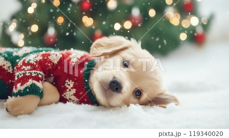 A cute golden retriever puppy in a festive Christmas sweater, lying on a snowy surface with a beautifully decorated Christmas tree in the background. 119340020