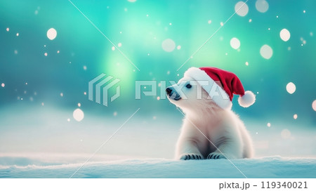 A cute polar bear cub wearing a Santa hat, surrounded by falling snowflakes and a colorful, icy backdrop. Perfect for holiday-themed designs and winter festivities. 119340021