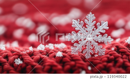 A delicate snowflake resting on a vibrant red knitted fabric, showcasing the beauty of winter and holiday aesthetics. A delicate snowflake resting on a vibrant red knitted fabric, showcasing the beauty of winter and holiday aesthetics. 119340022