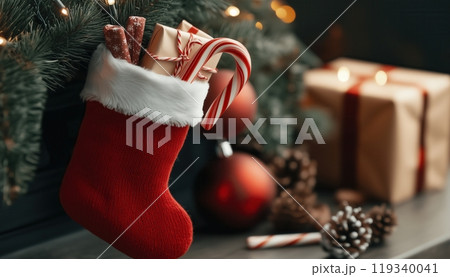 Christmas stocking filled with treats and festive decorations. 119340041