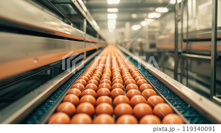 A close-up view of a conveyor belt filled with orange eggs in a production facility, showcasing the efficiency and scale of food processing in the agricultural sector. A close-up view of a conveyor belt filled with orange eggs in a production facility, showcasing the efficiency and scale of food processing in the agricultural sector. 119340091