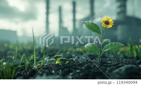 A resilient sunflower growing in a desolate industrial landscape, symbolizing hope and regeneration amidst pollution and adversity. 119340094