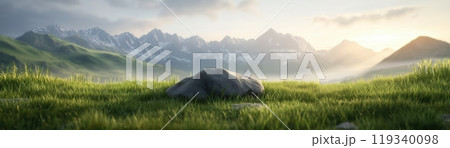 A serene landscape featuring lush green grass and majestic mountains in the background, illuminated by soft sunlight, evoking a sense of peace and tranquility. 119340098