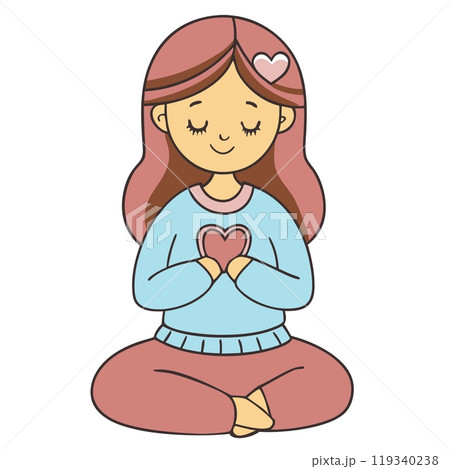 Charming girl in meditation pose with heart symbol illustration in pastel colors, AI Generative 119340238