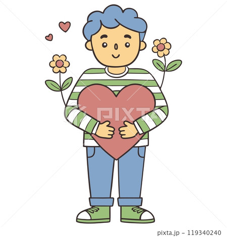 Cartoon boy with blue hair holding heart surrounded by flowers, AI Generative 119340240