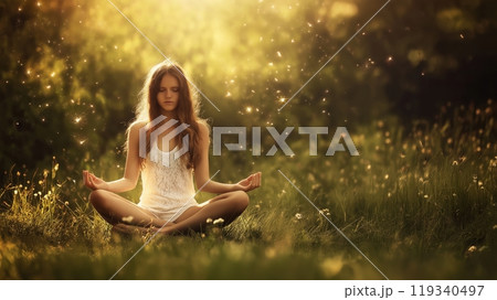 A girl sits in a forest clearing and meditates. Reflection of an emotional state. Aura changes. The tranquility and relaxation in nature. Created by artificial intelligence 119340497