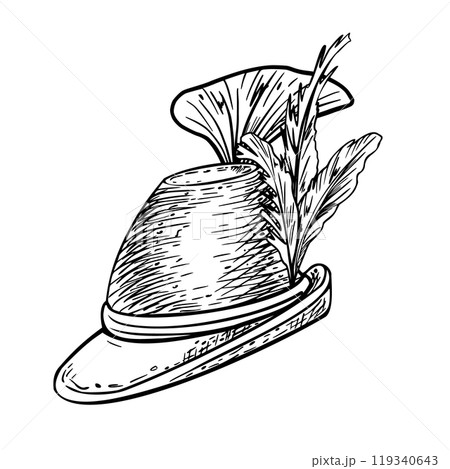 German green hat and feathers black white vector line illustration isolated. Bavarian Oktoberfest hat graphic hand drawn by ink for design beer festival, banner, menu, packaging, poster German green hat and feathers black white vector line illustration isolated. Bavarian Oktoberfest hat graphic hand drawn by ink for design beer festival, banner, menu, packaging, poster 119340643