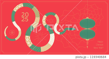 2025 Chinese new year greeting card, year of the snake banner template with modern geometric style snake and traditional lantern. Vector flat illustration. 119340684