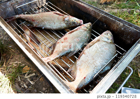 Fishes bream on lattice in smokehouse 119340728