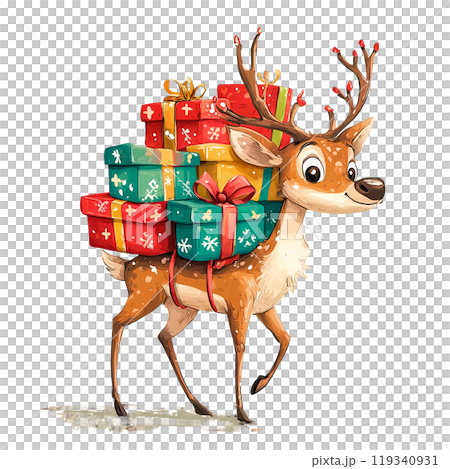 Reindeer carrying Christmas gifts on a transparent background. Holiday character, festive season, gift delivery, Christmas illustration, winter vibes, reindeer with presents, holiday joy. Reindeer carrying Christmas gifts on a transparent background. Holiday character, festive season, gift delivery, Christmas illustration, winter vibes, reindeer with presents, holiday joy. 119340931