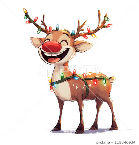 Reindeer with Christmas lights on a transparent background. Festive reindeer, holiday design, Christmas decorations, Rudolph the Red-Nosed Reindeer, seasonal art, joyful Christmas character. 119340934