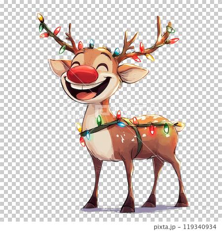 Reindeer with Christmas lights on a transparent background. Festive reindeer, holiday design, Christmas decorations, Rudolph the Red-Nosed Reindeer, seasonal art, joyful Christmas character. 119340934