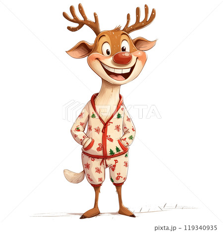 Reindeer in a festive red pajamas on a transparent background. Christmas character, holiday design, cozy vibes, winter joy, seasonal fun, reindeer illustration, holiday fashion, Christmas outfit. 119340935