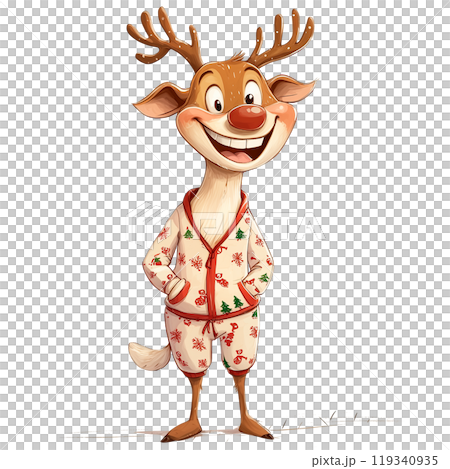 Reindeer in a festive red pajamas on a transparent background. Christmas character, holiday design, cozy vibes, winter joy, seasonal fun, reindeer illustration, holiday fashion, Christmas outfit. 119340935