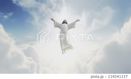 Jesus soars through clouds, arms open, expressing joy and peace 119341157