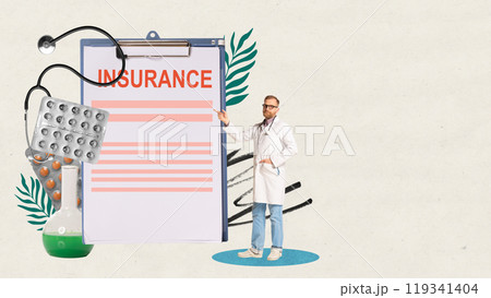 Doctor pointing at clipboard with insurance written on it, with pills and stethoscope. Importance of reliable health insurance coverage. Contemporary art collage. Doctor pointing at clipboard with insurance written on it, with pills and stethoscope. Importance of reliable health insurance coverage. Contemporary art collage. 119341404