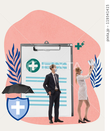 Businessman and doctor checking health records, shield, and umbrella, highlighting health insurance and medical responsibility. Contemporary art collage. Businessman and doctor checking health records, shield, and umbrella, highlighting health insurance and medical responsibility. Contemporary art collage. 119341415