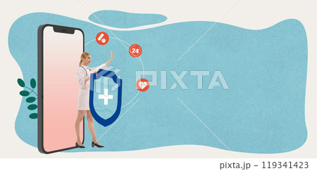 Female doctor standing beside giant smartphone and medical shield, symbolizing importance of digital health services, around-the-clock care. Contemporary art collage. Female doctor standing beside giant smartphone and medical shield, symbolizing importance of digital health services, around-the-clock care. Contemporary art collage. 119341423