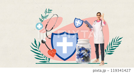 Excited woman, doctor with clipboard near symbols of healthcare, including stethoscope, heart, pills, and shield. Contemporary art collage. 119341427