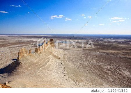 Bozzhira valley pinnacles aerial view, Mangystau region, Kazakhstan. Ak Orpa pinnacles 119341552
