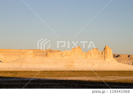 Bozzhira valley pinnacles aerial view, Mangystau region, Kazakhstan. Ak Orpa pinnacles 119341568