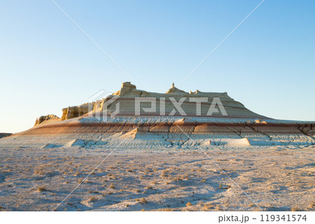 Kyzylkup area landscape, Mangystau desert. Rock strata formations Kyzylkup area landscape, Mangystau desert. Rock strata formations 119341574