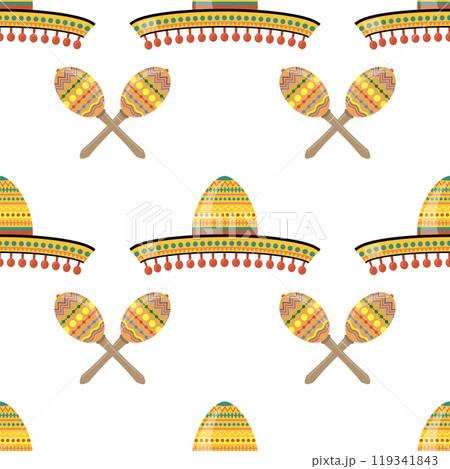 Vector Mexican sombrero with maracas. Cinco de mayo symbol isolated on white background. Seamless pattern 119341843