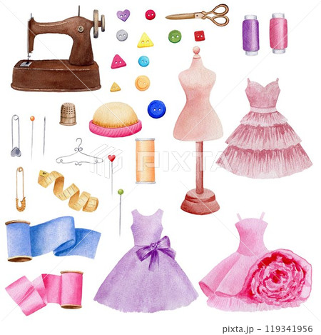 Set, collection of watercolor sewing elements, accessories and equipment for sewing, dresses, hand drawn isolated illustrations on a white background 119341956