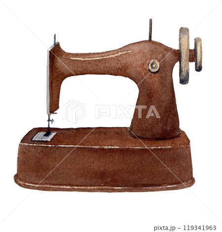 Brown vintage sewing machine, isolated watercolor painting on white background. For posters, logo, label, wrapping paper, postcards, stickers 119341963