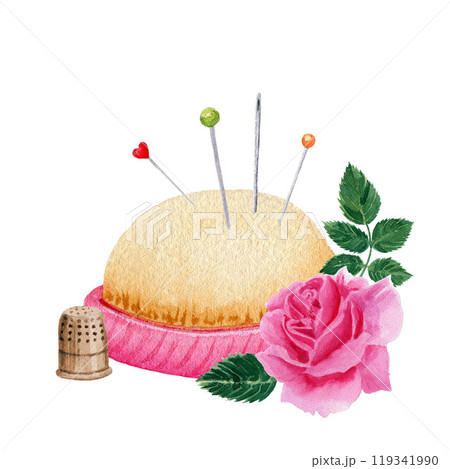 Pincushion, pins and needles with rose and thimble. Hand drawn watercolor painting in vintage style. Sewing supplies for theme design, logos, cards 119341990