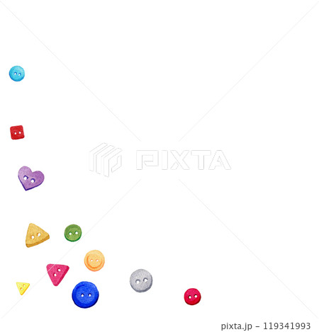 Watercolor illustration with colorful buttons of different shapes. Composition isolated on white background. Corner composition for labels, cards Watercolor illustration with colorful buttons of different shapes. Composition isolated on white background. Corner composition for labels, cards 119341993