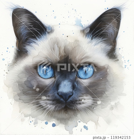 A detailed watercolor portrait showcases a Siamese cat with vibrant blue eyes. The artwork captures the feline's features with soft brush strokes and blending colors, creating a serene effect. 119342153