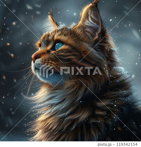 A beautiful cat with striking blue eyes sits peacefully amidst falling snow. The soft snowflakes settle on its fur, creating a tranquil winter atmosphere perfect for reflection. 119342154