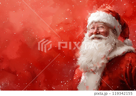A joyful Santa Claus in a red suit and white beard smiles broadly, embodying the spirit of the season. The vibrant red backdrop enhances the cheerful atmosphere of the holiday celebration. Copy space 119342155