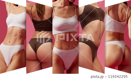 Collage. Focus on close-up body party emphasizes toned muscles and smooth skin. Fitness and aesthetic appeal. Cropped female bodies in underwear 119342295