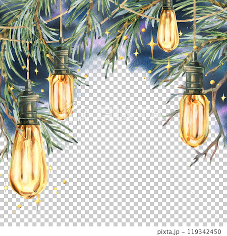 Retro Edison bulbs hanging with pine branches against the night sky with stars and lights. Watercolor illustration New Year Christmas hand drawn. Template, frame, isolated from background. 119342450