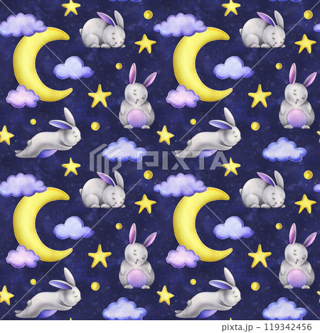 A cute gray bunny stitched sits and sleeps on a yellow moon with hanging stars, dots, clouds. Watercolor illustration, hand drawn. Seamless pattern on a dark blue background. A cute gray bunny stitched sits and sleeps on a yellow moon with hanging stars, dots, clouds. Watercolor illustration, hand drawn. Seamless pattern on a dark blue background. 119342456