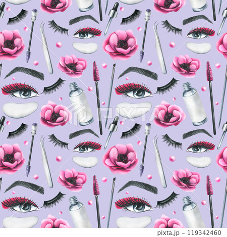 Cosmetics and brushes for eyes and eyebrows, tubes with pink anemone flowers. Watercolor illustration hand drawn. Seamless pattern on a lilac background. For eyelash extension and lamination Cosmetics and brushes for eyes and eyebrows, tubes with pink anemone flowers. Watercolor illustration hand drawn. Seamless pattern on a lilac background. For eyelash extension and lamination 119342460
