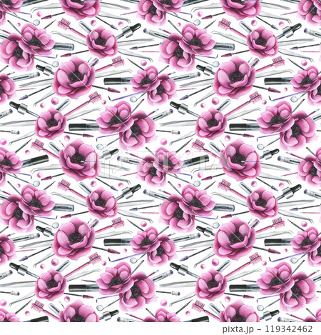 Cosmetics and brushes for eyes and eyebrows, tubes with pink anemone flowers. Watercolor illustration hand drawn. Seamless pattern on a white background. For eyelash extension and lamination. Cosmetics and brushes for eyes and eyebrows, tubes with pink anemone flowers. Watercolor illustration hand drawn. Seamless pattern on a white background. For eyelash extension and lamination. 119342462
