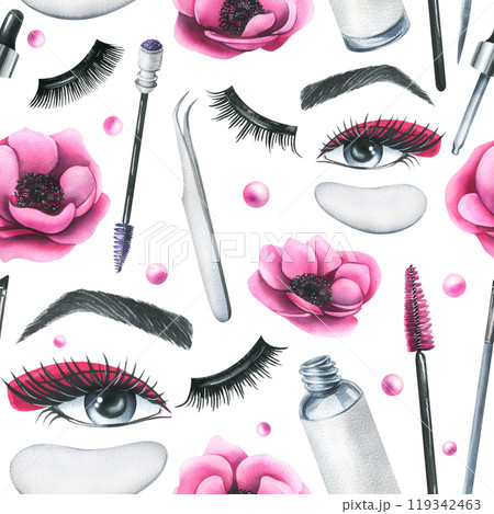 Cosmetics and brushes for eyes and eyebrows, tubes with pink anemone flowers. Watercolor illustration hand drawn. Seamless pattern on a white background. For eyelash extension and lamination 119342463
