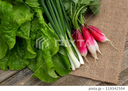 A bunch of freshly picked lettuce, radish and green onion are prepared for making salad on the burlap cloth on the wooden table. A bunch of freshly picked lettuce, radish and green onion are prepared for making salad on the burlap cloth on the wooden table. 119342504