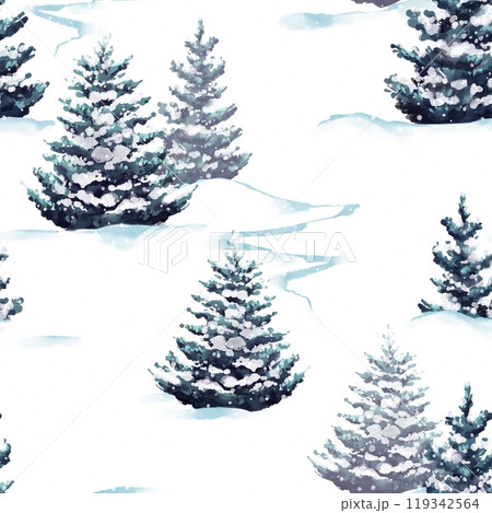 Watercolor seamless pattern with fir forest. Winter woodland. Hand drawn background perfect for Christmas card, wallpaper, fabric or print design. Watercolor seamless pattern with fir forest. Winter woodland. Hand drawn background perfect for Christmas card, wallpaper, fabric or print design. 119342564