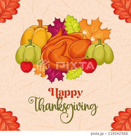 Thanksgiving turkey and pumpkins with colorful autumn leaves, Vector Thanksgiving turkey and pumpkins with colorful autumn leaves, Vector 119342568